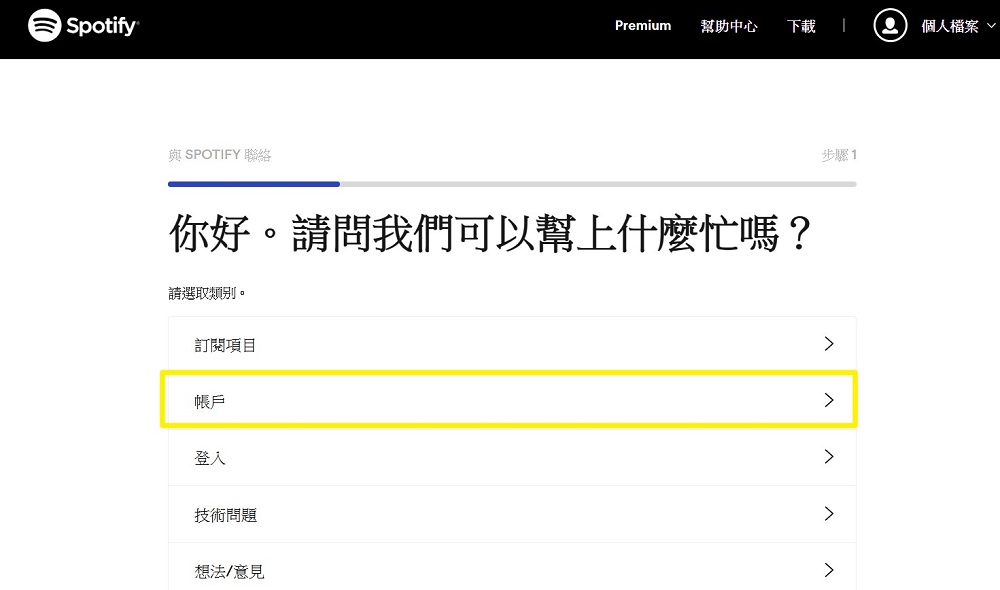 Spotify 聯絡客戶支援頁面