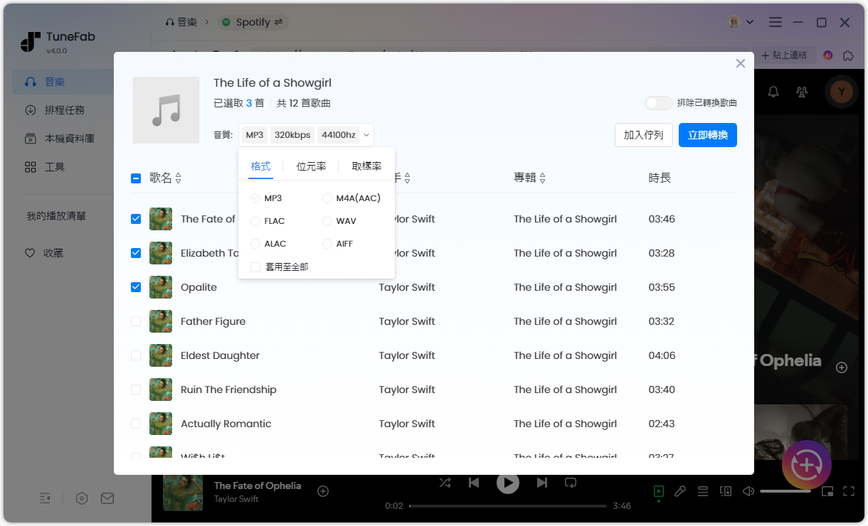選擇 Spotify 歌曲匯出音質及格式