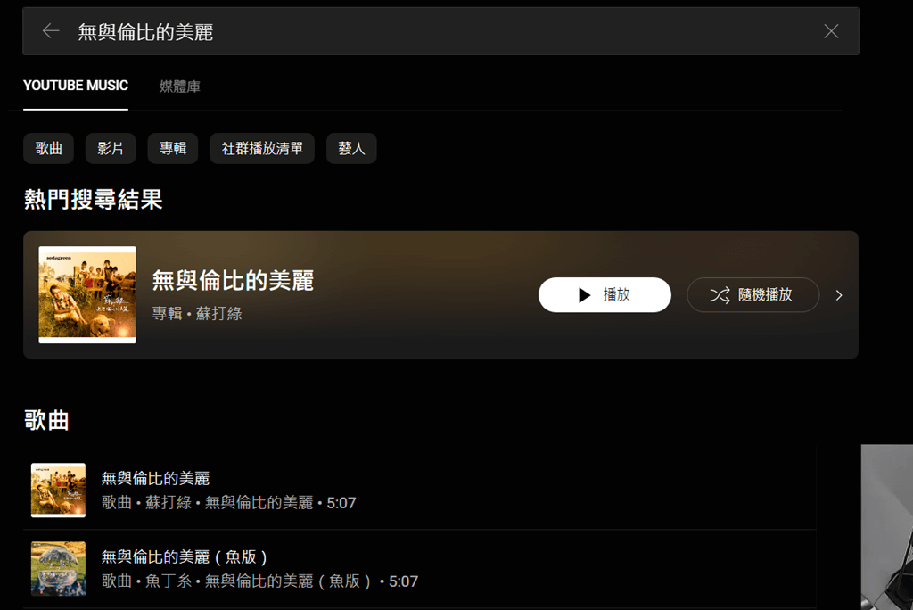 YouTube Music 搜尋歌詞