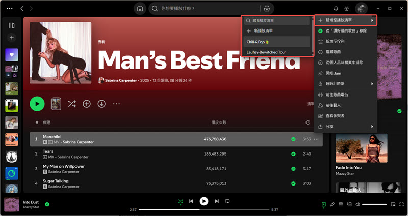 電腦新增 Spotify 音樂至播放清單