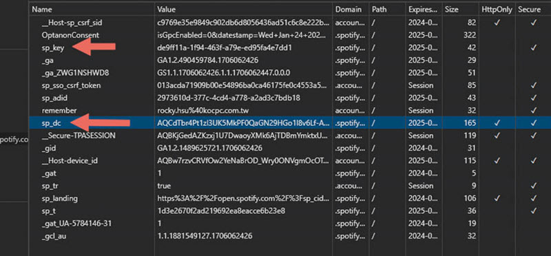 開發者工具複製 Spotify 帳戶 Value