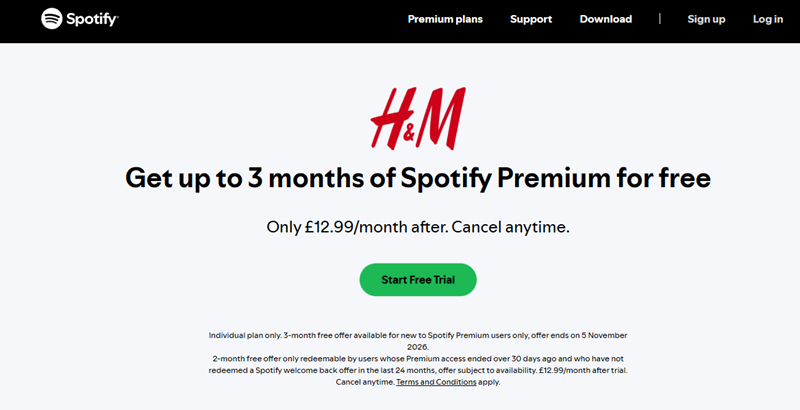 註冊 H&M 領取免費 Spotify Premium