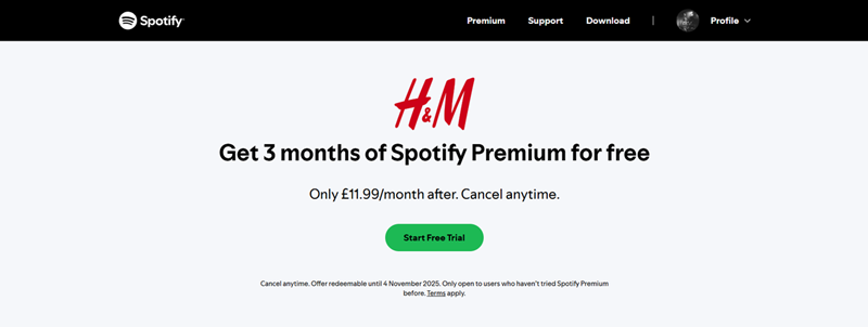 註冊 H&M 獲得 Spotify Free Premium