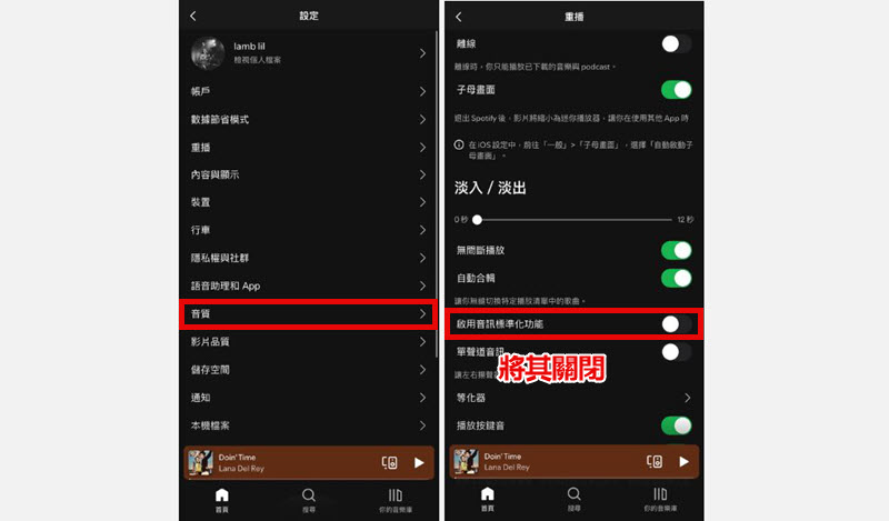 關閉 Spotify 音訊標準化功能